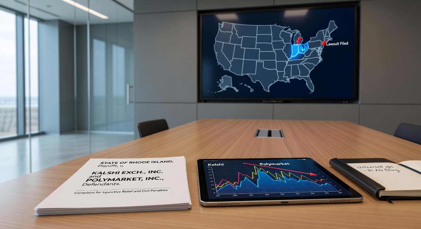 Courtroom scene with documents and digital trading interfaces symbolizing the clash between prediction markets and state gambling regulators