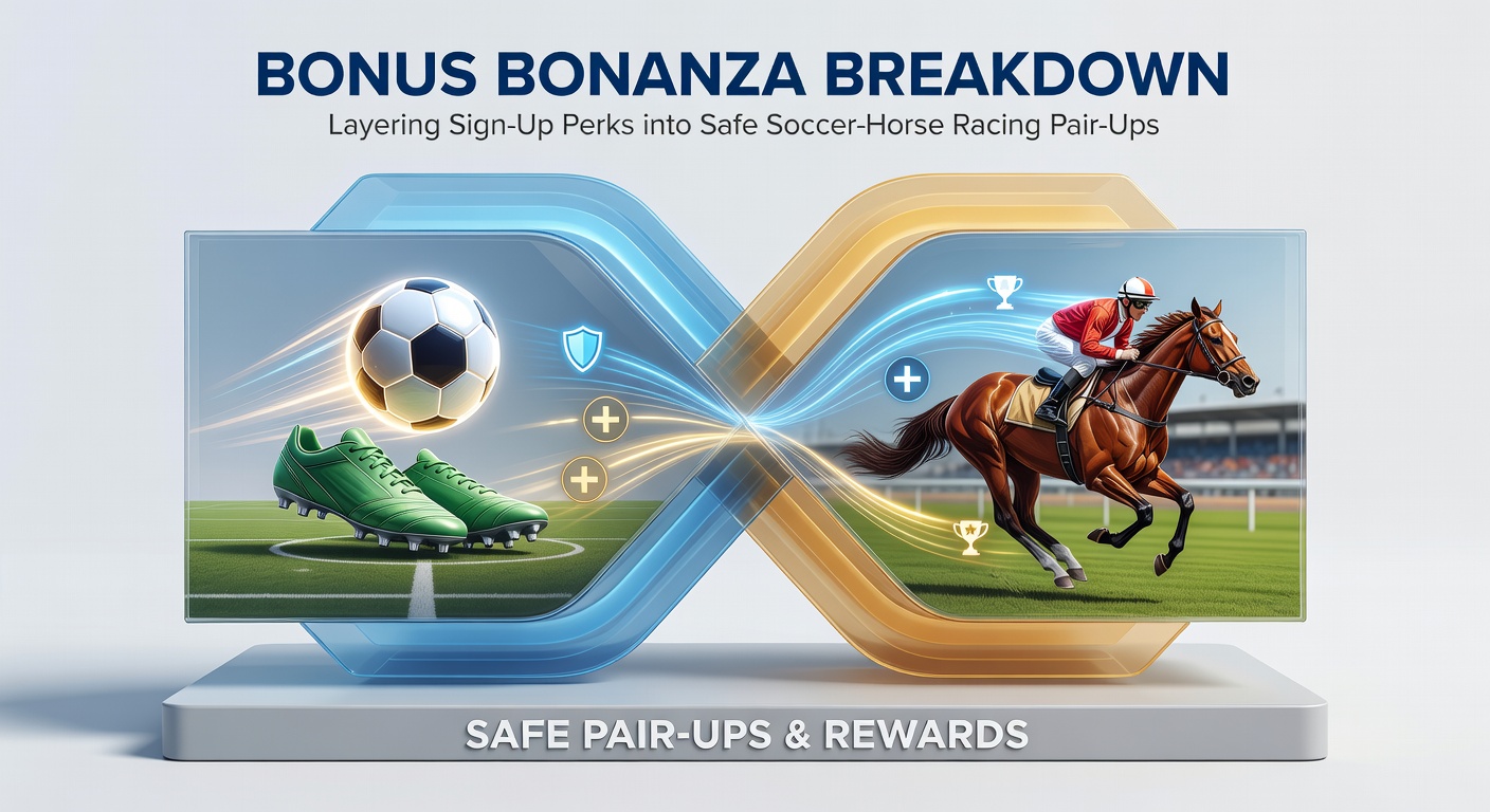 Visual breakdown of sign-up bonus structures layered over soccer match and horse race graphics, highlighting low-risk pairing opportunities