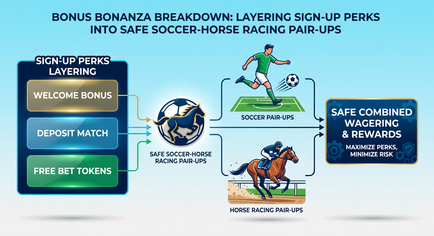 Infographic showing soccer double chance bets paired with horse racing place markets, overlaid with bonus multiplier icons for visual strategy flow
