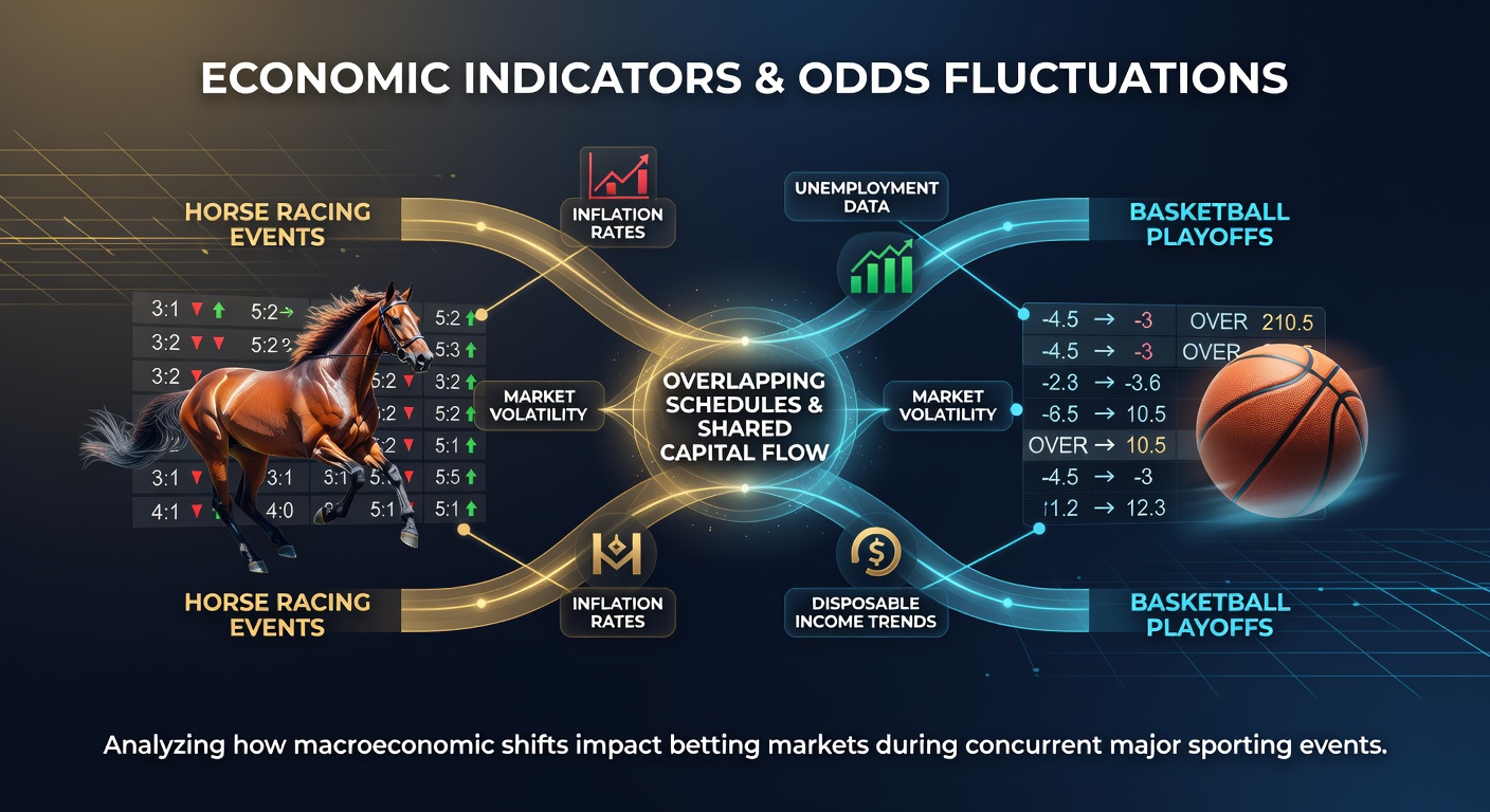 Economic data charts overlaid on horse racing and basketball betting interfaces showing odds movements