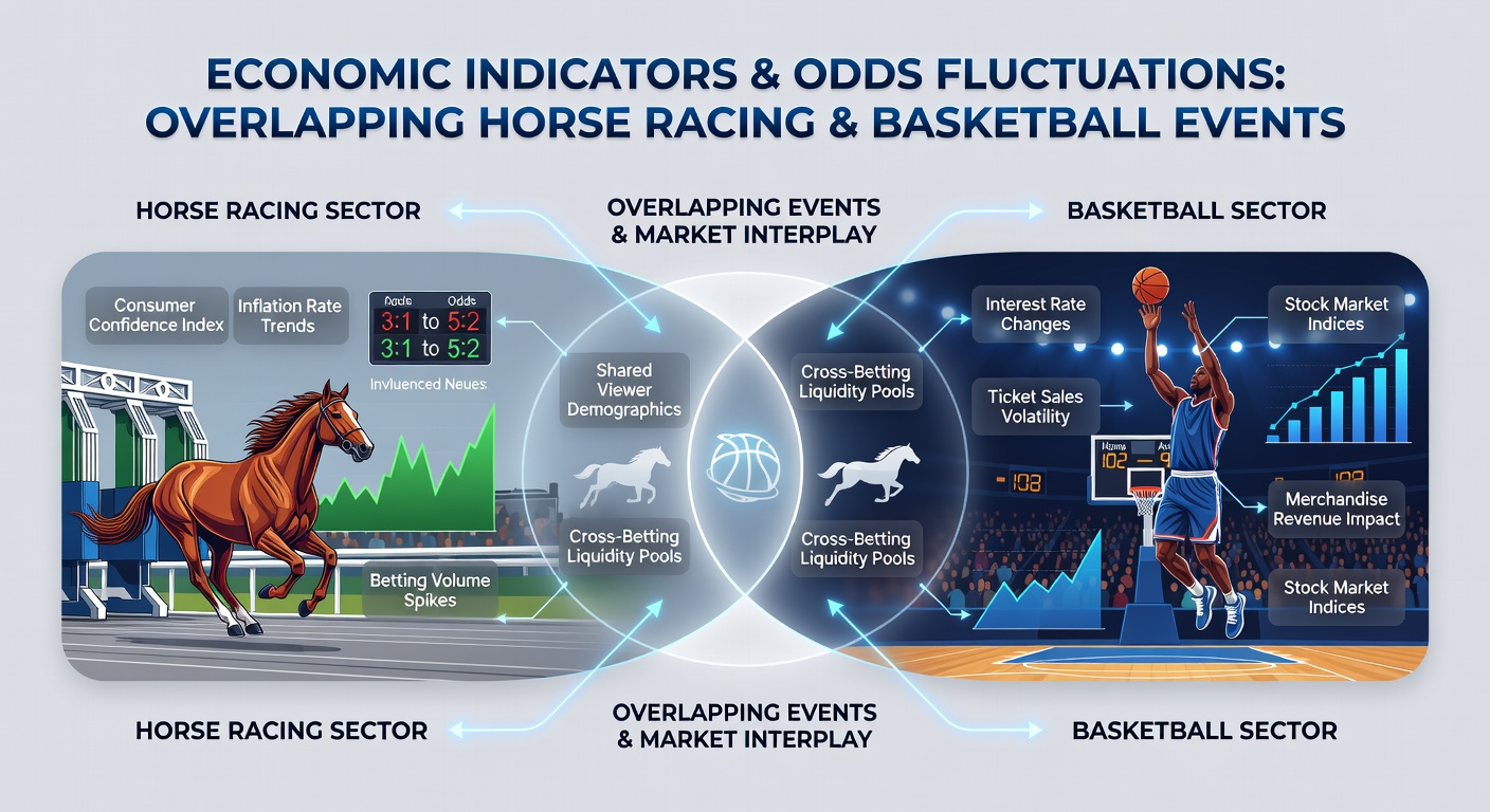 Split screen showing real-time odds boards for horse racing and NBA playoffs with economic news ticker