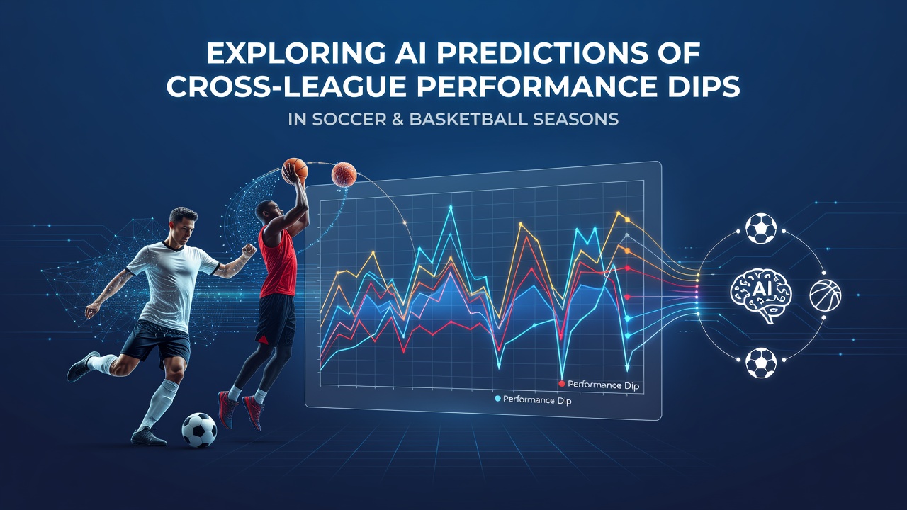 AI dashboard displaying performance metrics across soccer and basketball leagues with trend lines and dip predictions