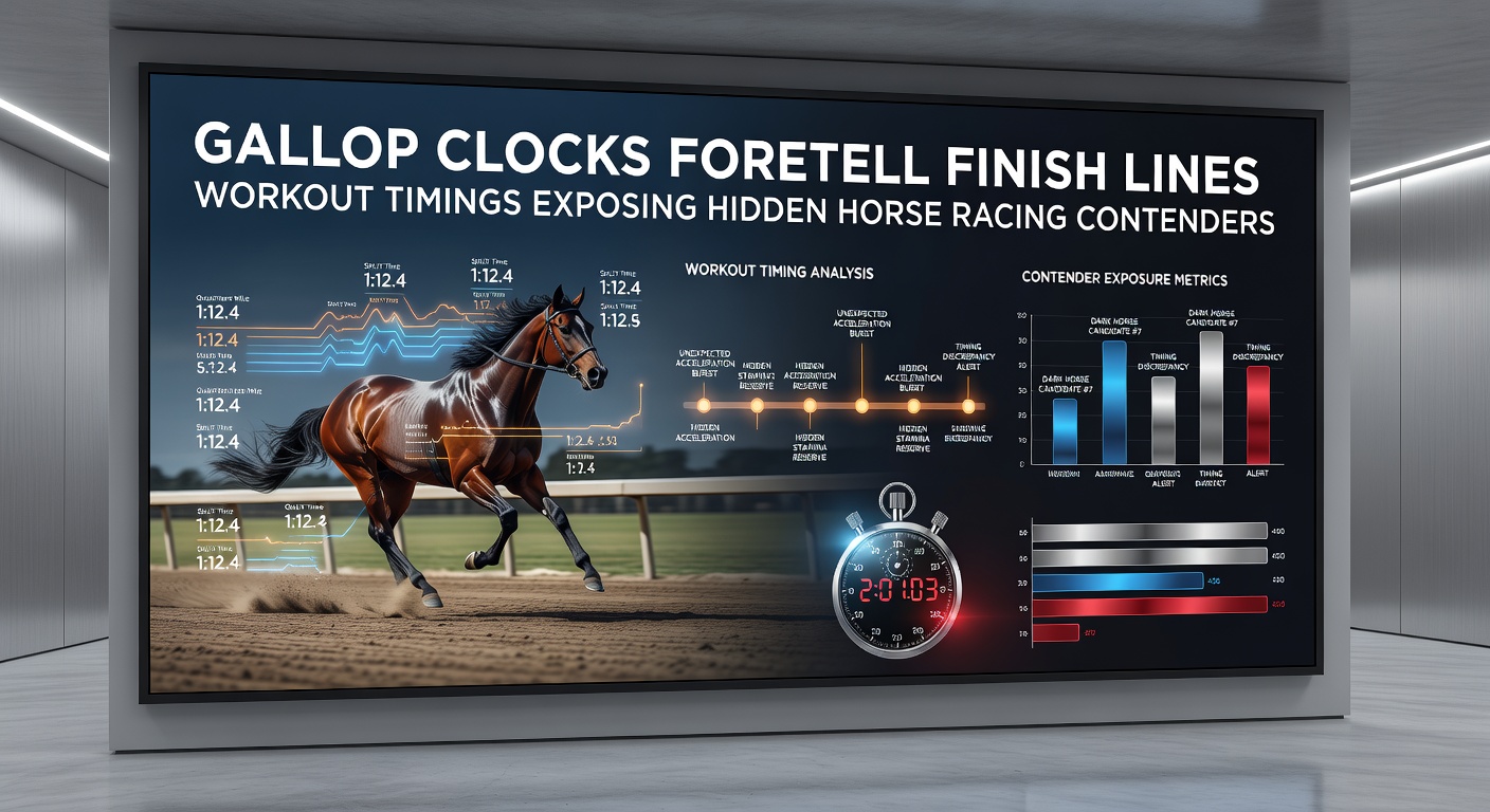A sleek thoroughbred horse charging down a training track, stopwatch graphic highlighting split times during a timed workout gallop