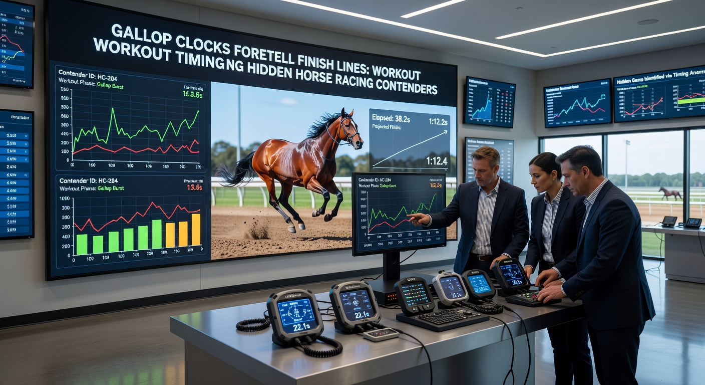 Close-up of a stopwatch timing a horse's gallop, overlaid with charts showing bullet workout lines and race result graphs