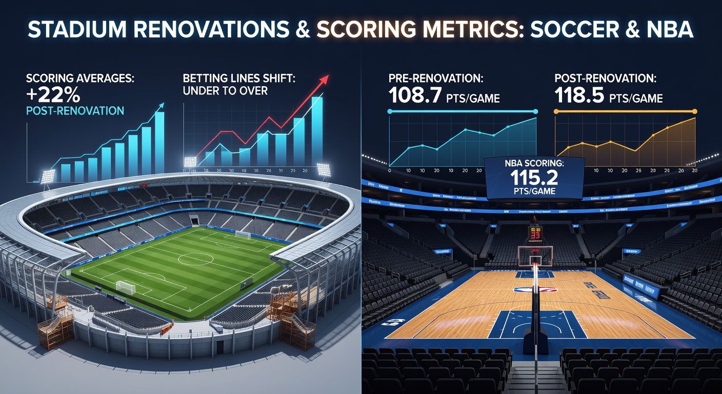 Stadium renovation impacts on soccer fields and NBA courts shown through structural changes and lighting upgrades