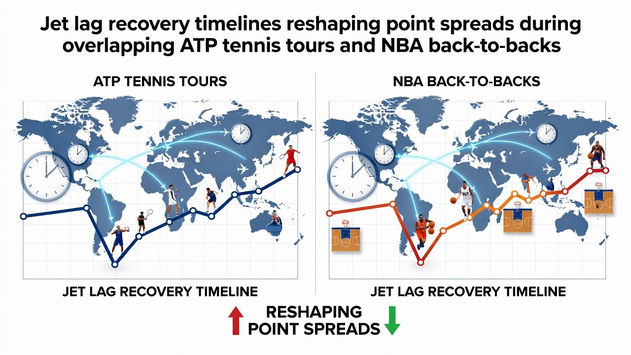 Athletes traveling across time zones with visible fatigue during tennis and basketball events