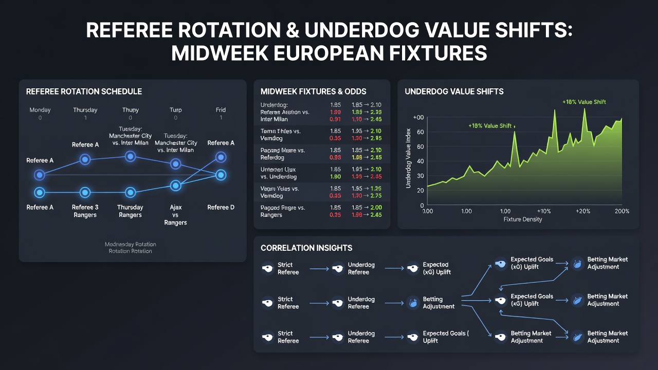 Statistical overlays showing referee workload versus underdog performance in European midweek games