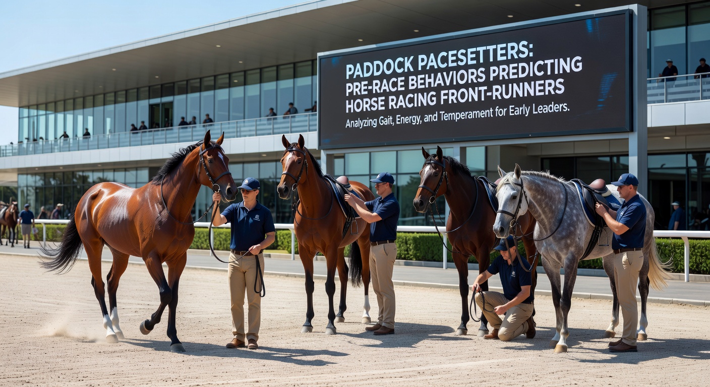 Close-up of a front-runner horse in the paddock with pricked ears, high head, and confident stride, moments before race time