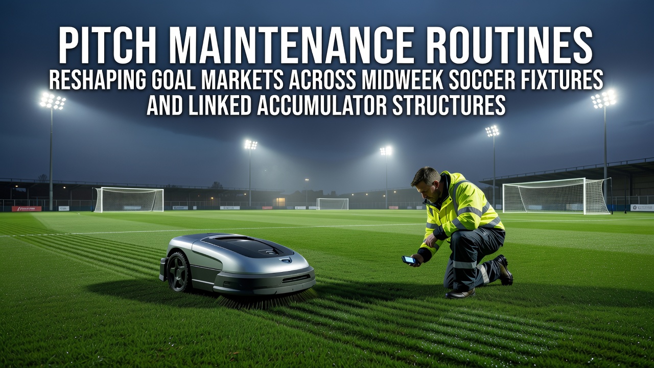 Groundskeepers performing precision pitch maintenance on a professional soccer field ahead of midweek fixtures