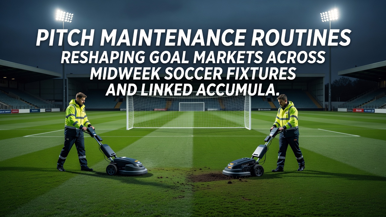 Close-up view of freshly maintained soccer pitch showing aeration patterns and grass recovery ahead of evening kickoff