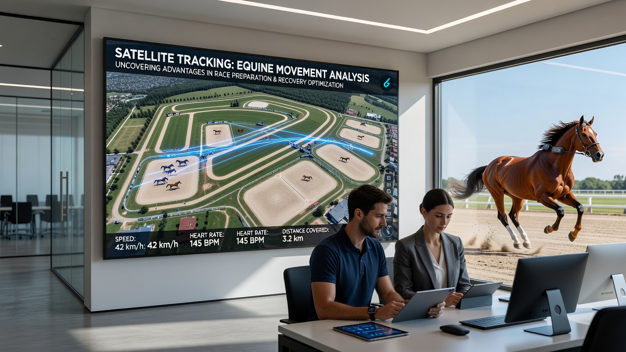 Dashboard view of satellite-tracked equine stride data overlaid on a training track map