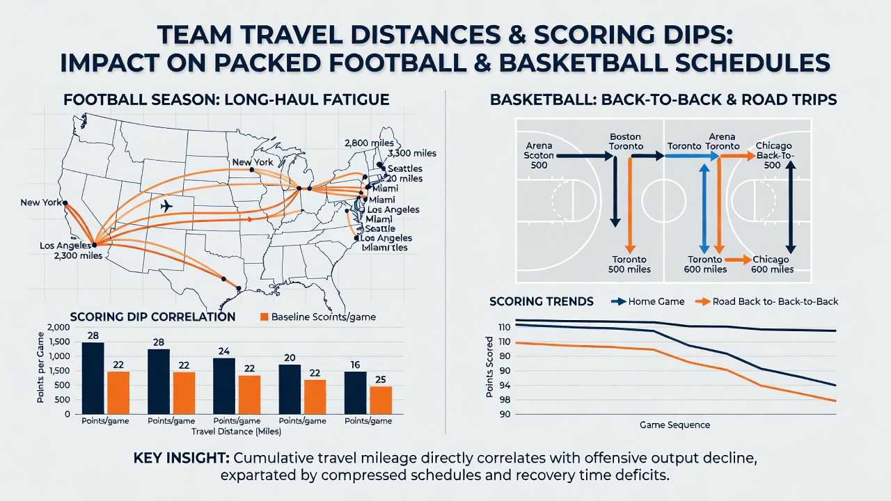 Data visualizations showing correlations between team mileage and reduced scoring outputs in recent seasons