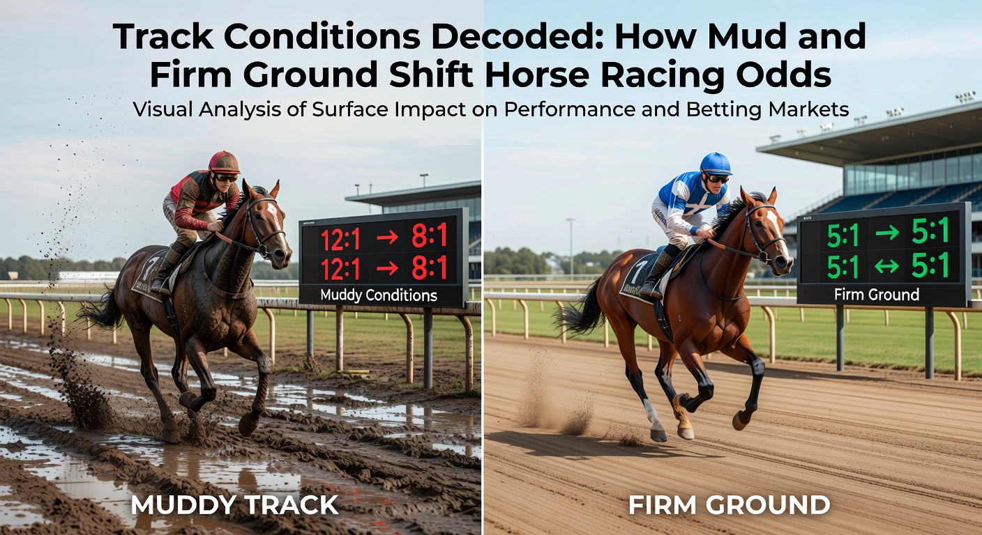 A horse galloping through a muddy track during a rain-soaked race, splashing water as it accelerates, highlighting the challenges of soft ground conditions