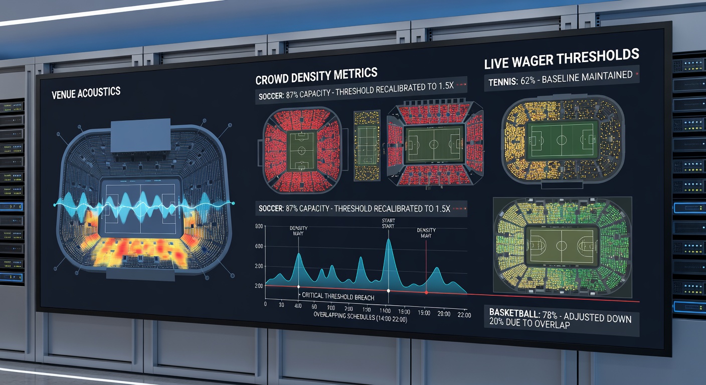 Crowded stadium with intense acoustics during overlapping live sports events influencing wager adjustments