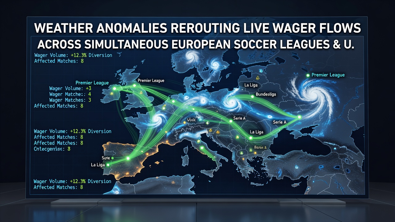 Satellite view of weather patterns disrupting European soccer matches and shifting bettor activity toward U.S. sports markets