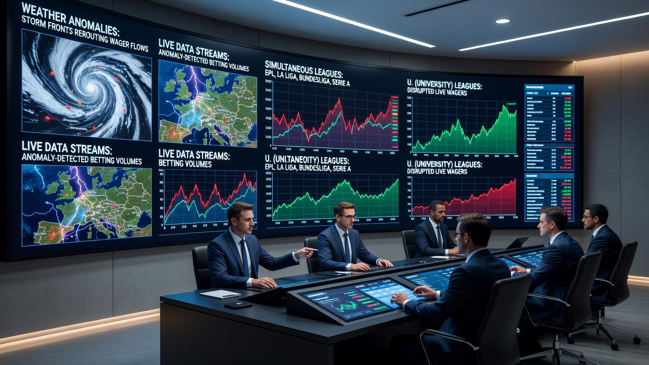 Live betting interface showing wager flows moving from soccer to U.S. sports during weather disruptions
